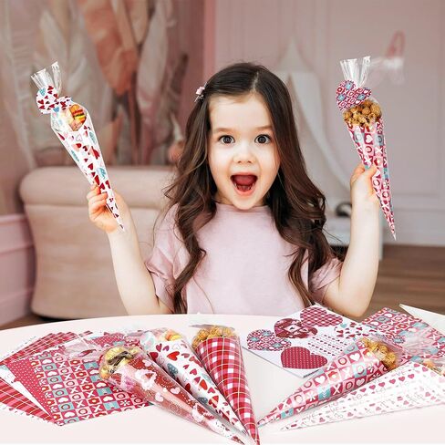 Valentine's Day DIY Art Crafts Gift Kits for Kids-60 Pack DIY Valentine’s Sweet Cones Shaped Treat Bags Set with Clear Triangle Bag, Valentine Themed Card Paper & Gift Tag for Party Gift Favors Wrap in Kuwait