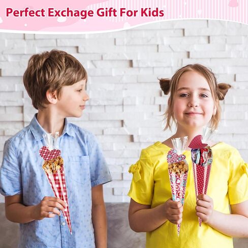 Valentine's Day DIY Art Crafts Gift Kits for Kids-60 Pack DIY Valentine’s Sweet Cones Shaped Treat Bags Set with Clear Triangle Bag, Valentine Themed Card Paper & Gift Tag for Party Gift Favors Wrap in Kuwait