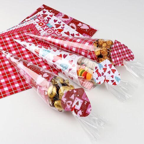 Valentine's Day DIY Art Crafts Gift Kits for Kids-60 Pack DIY Valentine’s Sweet Cones Shaped Treat Bags Set with Clear Triangle Bag, Valentine Themed Card Paper & Gift Tag for Party Gift Favors Wrap in Kuwait