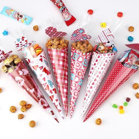 Valentine's Day DIY Art Crafts Gift Kits for Kids-60 Pack DIY Valentine’s Sweet Cones Shaped Treat Bags Set with Clear Triangle Bag, Valentine Themed Card Paper & Gift Tag for Party Gift Favors Wrap in Kuwait