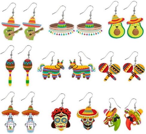 9 Pairs Cinco De Mayo Earrings for Women Mexican Fiesta Earrings Set Funny Pepper Racket Rainbow Horse Hat Cactus Guitar Chili Acrylic Drop Dangle Earrings Mexican Festival Jewelry Gifts in Kuwait