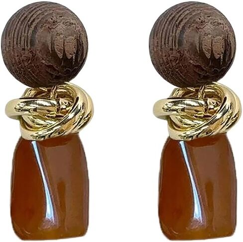 Retro Geometric Statement Earrings for Women Lightweight Resin Imitation Amber Stone Wooden Ball Charms Dangle Drop Earring Vintage Christmas Holiday Birthday Jewelry Gifts in Saudi Arabia