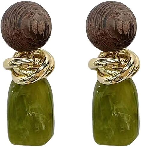Retro Geometric Statement Earrings for Women Lightweight Resin Imitation Amber Stone Wooden Ball Charms Dangle Drop Earring Vintage Christmas Holiday Birthday Jewelry Gifts in Saudi Arabia