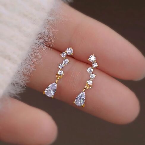 Dainty Shiny Cubic Zirconia Dangle Earrings for Women Gold Color Simple Stylish Female Jewelry in Saudi Arabia