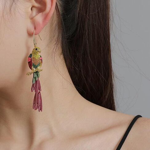 Rhinestone Parrot Bird Dangle Earrings for Women Girls Colorful Crystal Pink Feather Statement Drop Fish Hook Dangling Stud Lightweight Boho Carnival Holiday Prom Party Jewelry Gifts Souvenirs in Saudi Arabia