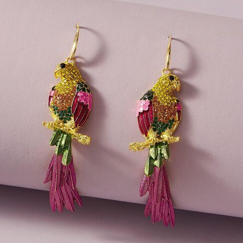 Rhinestone Parrot Bird Dangle Earrings for Women Girls Colorful Crystal Pink Feather Statement Drop Fish Hook Dangling Stud Lightweight Boho Carnival Holiday Prom Party Jewelry Gifts Souvenirs in Saudi Arabia