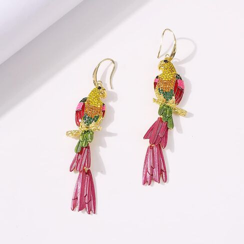 Rhinestone Parrot Bird Dangle Earrings for Women Girls Colorful Crystal Pink Feather Statement Drop Fish Hook Dangling Stud Lightweight Boho Carnival Holiday Prom Party Jewelry Gifts Souvenirs in Saudi Arabia