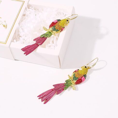 Rhinestone Parrot Bird Dangle Earrings for Women Girls Colorful Crystal Pink Feather Statement Drop Fish Hook Dangling Stud Lightweight Boho Carnival Holiday Prom Party Jewelry Gifts Souvenirs in Saudi Arabia