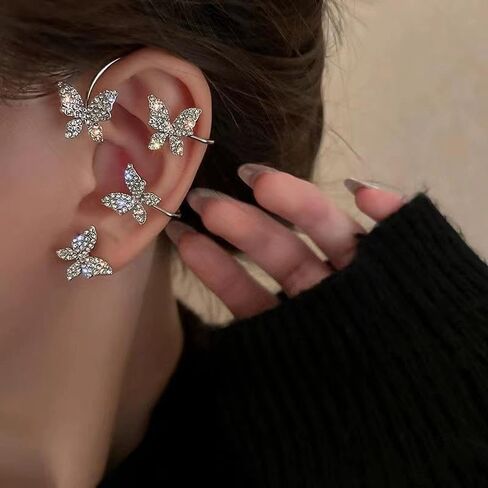 1Pair Butterfly Ear Cuffs, Drop Earrings, Rhinestone Embellished, Fashion Jewelry for Women, Trendy Accessories for Casual Wear, Stylish Dangle Earring for Everyday Use (Silver) in Saudi Arabia