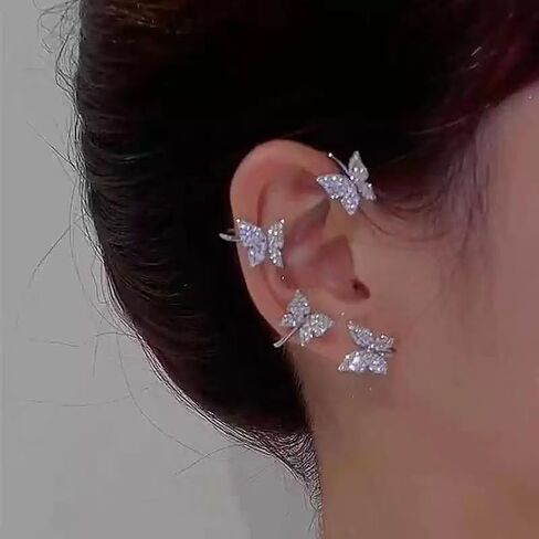 1Pair Butterfly Ear Cuffs, Drop Earrings, Rhinestone Embellished, Fashion Jewelry for Women, Trendy Accessories for Casual Wear, Stylish Dangle Earring for Everyday Use (Silver) in Saudi Arabia