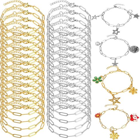 Quelay 60 Pcs Gold and Silver Paperclip Chain Bulk Bracelets for Jewelry Making Chains Alloy Link Bracelets with Lobster Clasps for Christmas DIY Women Jewelry Making Supplies Accessories in Kuwait