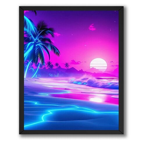 InkFlow Posters Neon Sunset Shore Poster - Glowing Tropical Ocean Illustration - Modern Coastal Style Design - Home Wall Decor Accent - Travel Lover Gift - 8x10 Unframed Canvas Wall Art in Kuwait