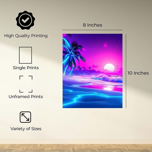 InkFlow Posters Neon Sunset Shore Poster - Glowing Tropical Ocean Illustration - Modern Coastal Style Design - Home Wall Decor Accent - Travel Lover Gift - 8x10 Unframed Canvas Wall Art in Kuwait