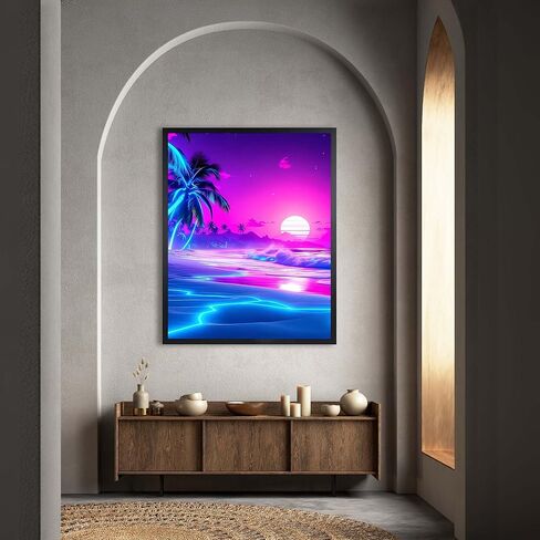 InkFlow Posters Neon Sunset Shore Poster - Glowing Tropical Ocean Illustration - Modern Coastal Style Design - Home Wall Decor Accent - Travel Lover Gift - 8x10 Unframed Canvas Wall Art in Kuwait