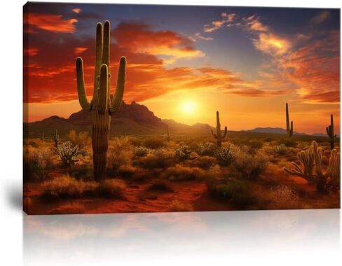 HJY Art Superstition Mountains Sunset Canvas جدار الفن أريزونا الصحراء الغربية الصبار جدار ديكور طبيعة المناظر الطبيعية صور جدار الأعمال الفنية ملصقات لغرفة المعيشة ديكورات المنزل (12 بوصة ارتفاع × 16 بوصة عرض) in Saudi Arabia