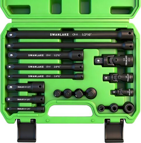 18-piece Impact Socket Extension Set Tools, Swivel Universal Joint, Deep 1/4", 3/8", 1/2" Drive Socket Adapter, Extension Bar, 3 Ratchet Coupler, CR-V Steel Alloy Corrosion-Resistant Mechanic Tools in Kuwait