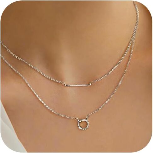Layered Necklaces for Women Trendy, Circle Cubic Zirconia Pendant Necklace 925 Sterling Silver 14K Gold Plated Mother Daughter Friendship Necklace Stackable Choker Necklace Birthday Wedding Gifts in Saudi Arabia