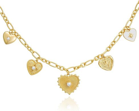 Cicy Bell 18K Gold Plated Necklace for Women Chunky Charm Necklace Diamond Love Heart Sun Charms Valentine's Day Wedding Lucky Pendants Jewelry Gift 19.7" in Saudi Arabia