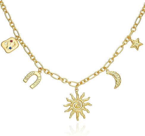 Cicy Bell 18K Gold Plated Necklace for Women Chunky Charm Necklace Diamond Love Heart Sun Charms Valentine's Day Wedding Lucky Pendants Jewelry Gift 19.7" in Saudi Arabia