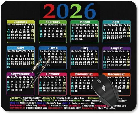 2026 Calendar Mouse Pad, Black Background with Monthly Layout, Large Desktop Gaming Mat with Colorful Month Headers (calendarC) in Saudi Arabia