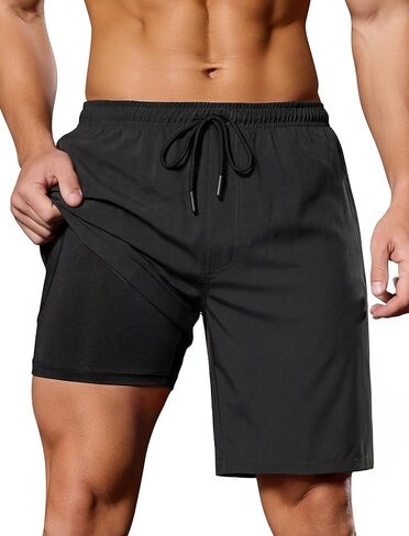 SILKWORLD Quick Dry 2 in 1 Men's Running Shorts with Zipper Pockets Drawstring Workout Shorts Lightweight Gym Athletic Shorts in Kuwait
