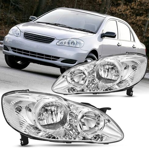 2PCS Headlight Assembly Set For 2003 2004 2005 2006 2007 2008 Toyota Corolla CE LE S Replacement Headlamps Driver and Passenger Side Chrome Housing Clear Reflector and Lens in Kuwait