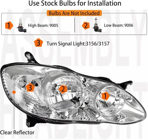 2PCS Headlight Assembly Set For 2003 2004 2005 2006 2007 2008 Toyota Corolla CE LE S Replacement Headlamps Driver and Passenger Side Chrome Housing Clear Reflector and Lens in Kuwait