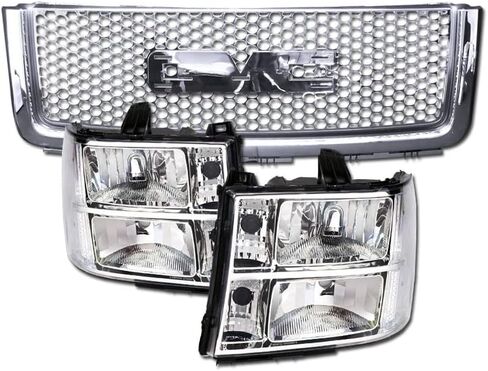 الكروم واضح الإسكان الكريستال المصابيح الأمامية إشارة مصابيح nb + الكروم شبكة ثقب دائري غطاء محرك السيارة الأمامي الوفير شواء مصبغة الحرس ABS متوافق مع 07-13 جي إم سي سييرا 1500 / دينالي / 09-13 الهجين in Kuwait