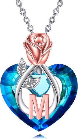 POPKIMI Rose Flower Initial A-Z Letter Necklace 925 Sterling Silver Initial Necklace with Crystal Anniversary Valentines Day Birthday Jewelry Gifts for Women Mom Her Wife Girlfriend Daughter in Kuwait
