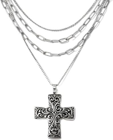 Chunky Cross Necklace for Women, 925 Sterling Silver Layered Chain Cross Pendant with Vintage Pattern, Statement Jewelry for Daily Wear, Party, Birthday, Christmas Gift in Saudi Arabia