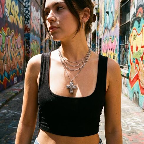 Chunky Cross Necklace for Women, 925 Sterling Silver Layered Chain Cross Pendant with Vintage Pattern, Statement Jewelry for Daily Wear, Party, Birthday, Christmas Gift in Saudi Arabia