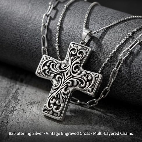 Chunky Cross Necklace for Women, 925 Sterling Silver Layered Chain Cross Pendant with Vintage Pattern, Statement Jewelry for Daily Wear, Party, Birthday, Christmas Gift in Saudi Arabia