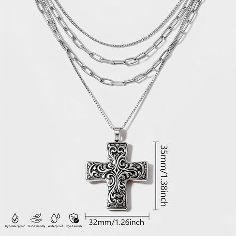 Chunky Cross Necklace for Women, 925 Sterling Silver Layered Chain Cross Pendant with Vintage Pattern, Statement Jewelry for Daily Wear, Party, Birthday, Christmas Gift in Saudi Arabia