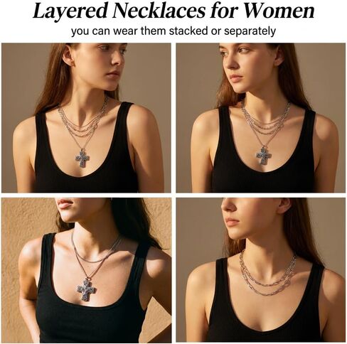 Chunky Cross Necklace for Women, 925 Sterling Silver Layered Chain Cross Pendant with Vintage Pattern, Statement Jewelry for Daily Wear, Party, Birthday, Christmas Gift in Saudi Arabia