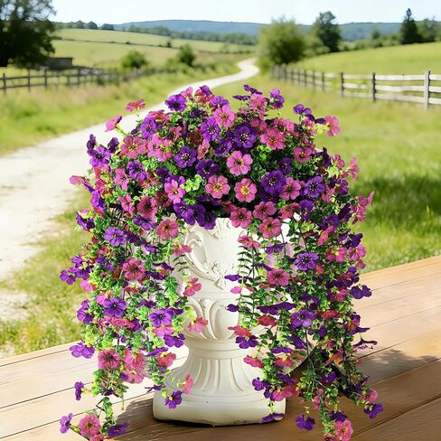 زهور Senjie الاصطناعية المعلقة لديكور الربيع في الهواء الطلق، قطعتان من نباتات الحرير الصناعي المقاومة للأشعة فوق البنفسجية لمزارعي الشرفة الخارجية والشرفة in Kuwait