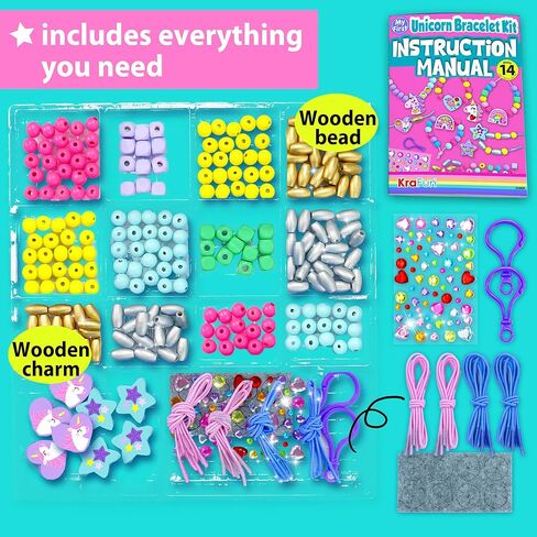 KRAFUN MY First My Unicorn Bracelet Craft Kit لـ Beginner Kids Arts & Crafts ، 14 أنشطة مشاريع DIY سهلة من أساور الصداقة ، والسحر ، وملصقات الأحجار الكريمة والخرز ، والتعليمات ، وهدية للفتيات in Kuwait