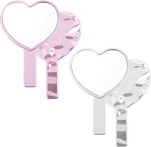 Framendino, 2 Pack Glitter Handheld Mirror Cute Heart Portable Cosmetics Makeup Compact Hand Lash Mirrors for Women Travel Party Pink & Silver Water Ripples in Saudi Arabia