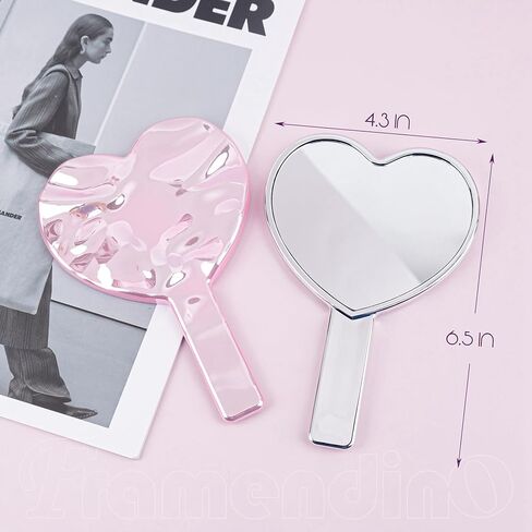 Framendino, 2 Pack Glitter Handheld Mirror Cute Heart Portable Cosmetics Makeup Compact Hand Lash Mirrors for Women Travel Party Pink & Silver Water Ripples in Saudi Arabia