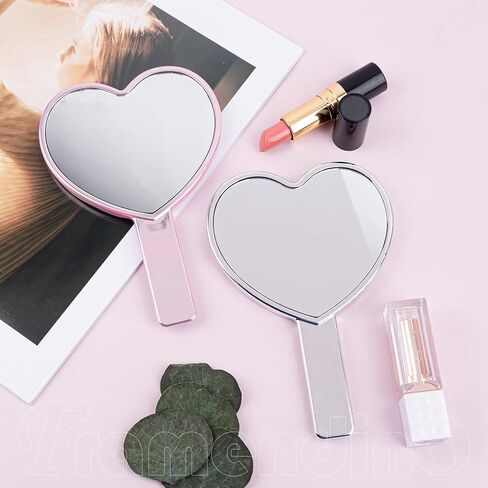 Framendino, 2 Pack Glitter Handheld Mirror Cute Heart Portable Cosmetics Makeup Compact Hand Lash Mirrors for Women Travel Party Pink & Silver Water Ripples in Saudi Arabia