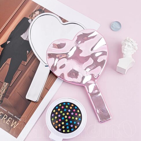 Framendino, 2 Pack Glitter Handheld Mirror Cute Heart Portable Cosmetics Makeup Compact Hand Lash Mirrors for Women Travel Party Pink & Silver Water Ripples in Saudi Arabia