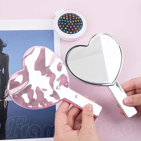Framendino, 2 Pack Glitter Handheld Mirror Cute Heart Portable Cosmetics Makeup Compact Hand Lash Mirrors for Women Travel Party Pink & Silver Water Ripples in Saudi Arabia