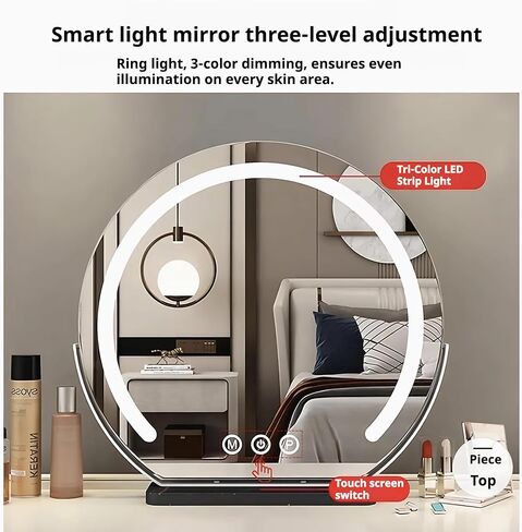 مرآة مكياج مع أضواء، مرآة مكياج LED نصف دائرية مع شاشة تعمل باللمس بثلاثة ألوان قابلة للتعتيم، إطار معدني دوار 360 درجة، قاعدة رخامية، مرآة مضاءة عالية الدقة لغرفة النوم وطاولة الزينة in Kuwait