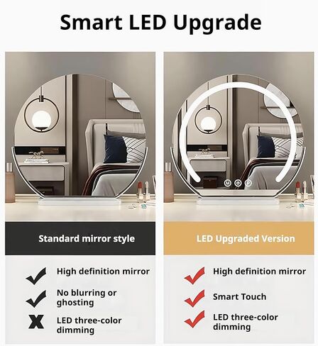 مرآة مكياج مع أضواء، مرآة مكياج LED نصف دائرية مع شاشة تعمل باللمس بثلاثة ألوان قابلة للتعتيم، إطار معدني دوار 360 درجة، قاعدة رخامية، مرآة مضاءة عالية الدقة لغرفة النوم وطاولة الزينة in Kuwait