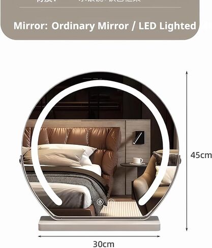 مرآة مكياج مع أضواء، مرآة مكياج LED نصف دائرية مع شاشة تعمل باللمس بثلاثة ألوان قابلة للتعتيم، إطار معدني دوار 360 درجة، قاعدة رخامية، مرآة مضاءة عالية الدقة لغرفة النوم وطاولة الزينة in Kuwait