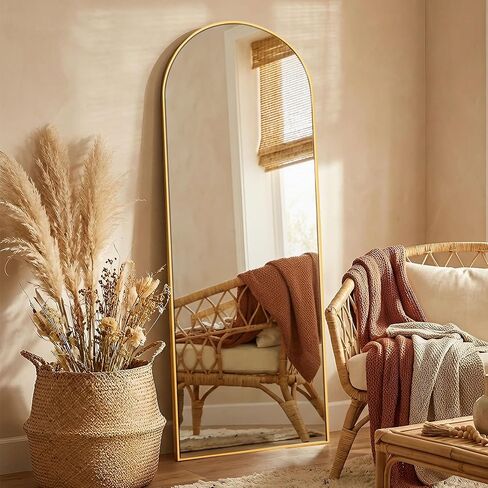 مرآة كاملة الطول، مرايا أرضية مقاس 71 × 26 بوصة مع حامل، مرآة ذهبية بقوس كبير جدًا جدًا لغرفة النوم وغرفة الملابس وديكور المنزل، ذهبي in Kuwait