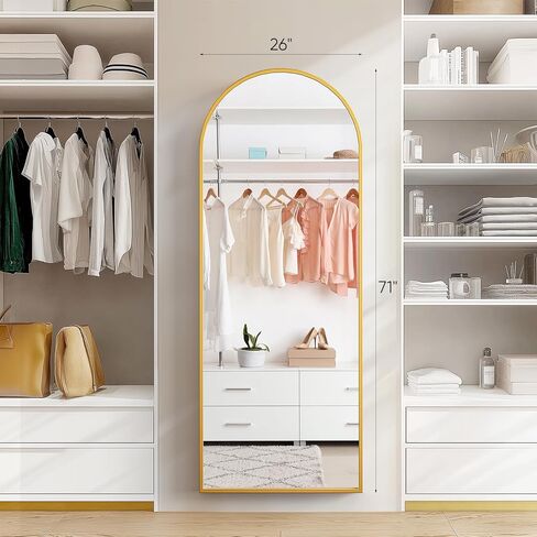 مرآة كاملة الطول، مرايا أرضية مقاس 71 × 26 بوصة مع حامل، مرآة ذهبية بقوس كبير جدًا جدًا لغرفة النوم وغرفة الملابس وديكور المنزل، ذهبي in Kuwait