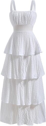 Women's Layered Ruffle Maxi Dress Summer Square Neck Flowy Beach Vacation Dresses in Kuwait