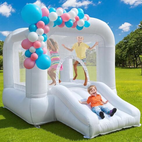 White Bounce House with Slide, 3-6 Kids, 8.33ft L x 5.4ft W x 6.17ft H, Indoor/Outdoor, Castle Theme in Saudi Arabia