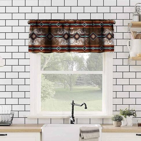 Western Valance Curtain, Retro Southwestern Farmhouse Cow Print Aztec Ethnic Short Window Drapes Valances for Kitchen Living Room Bedroom Dinning Room, 54x18 Inch in Saudi Arabia
