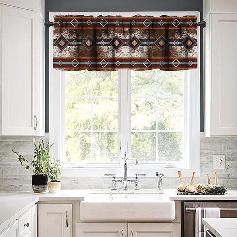 Western Valance Curtain, Retro Southwestern Farmhouse Cow Print Aztec Ethnic Short Window Drapes Valances for Kitchen Living Room Bedroom Dinning Room, 54x18 Inch in Saudi Arabia